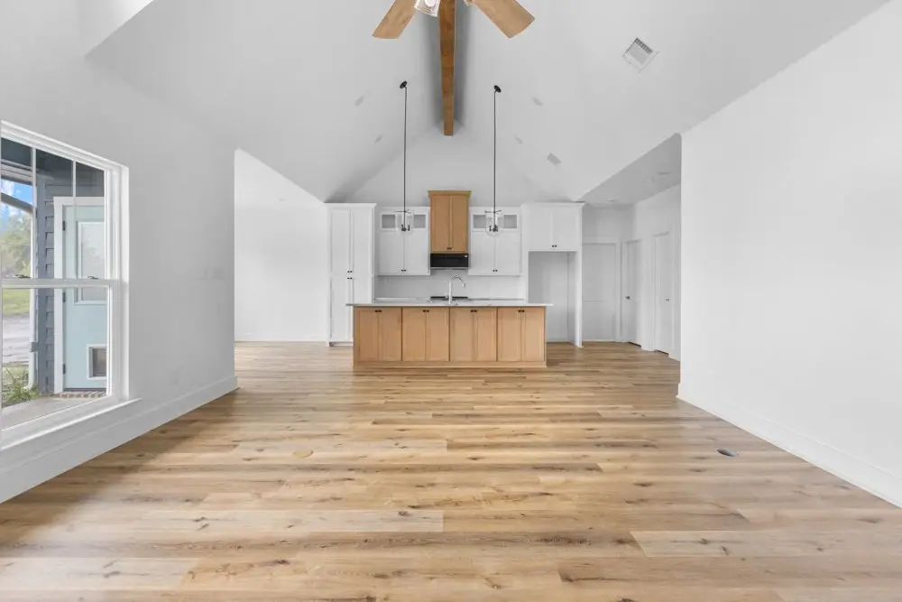 Kitchen island under the cathedral ceiling, The Dahl House, a custom home in Sherman, Texas