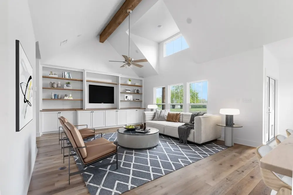 The Dahl House living room under cathedral ceilings.