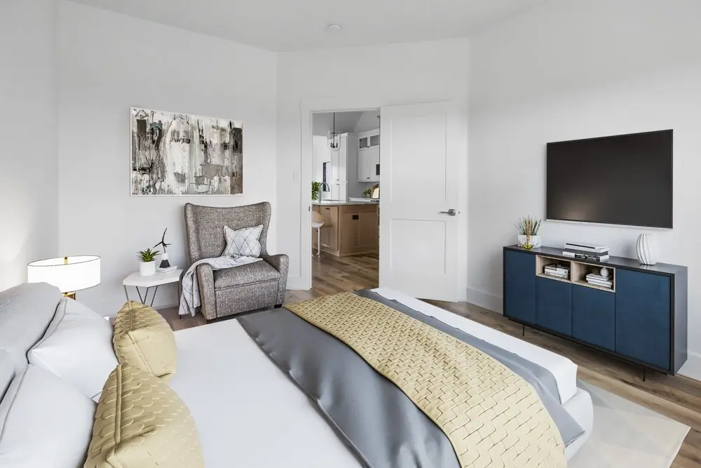 Primary bedroom, staged, The Dahl House, a custom home in Sherman, Texas