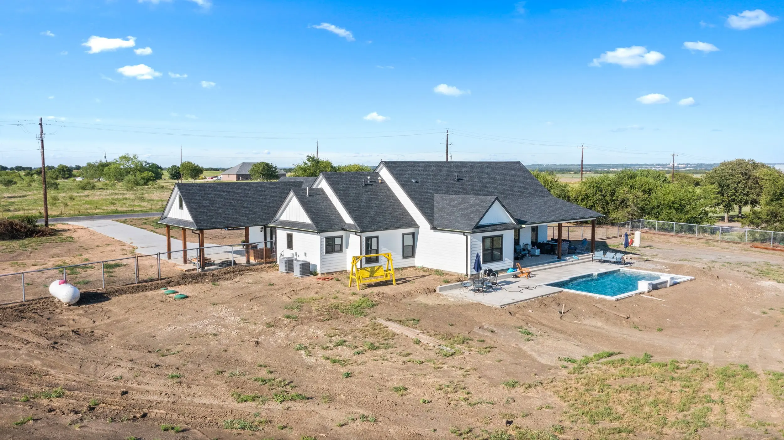 Aerial view of the pool and covered patio, The Lugo House, a custom home in Sherman, Texas